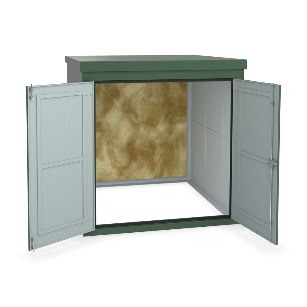 FW4 GRP walk-in enclosure in green with the doors open showing optional three-point locking on the right-hand door