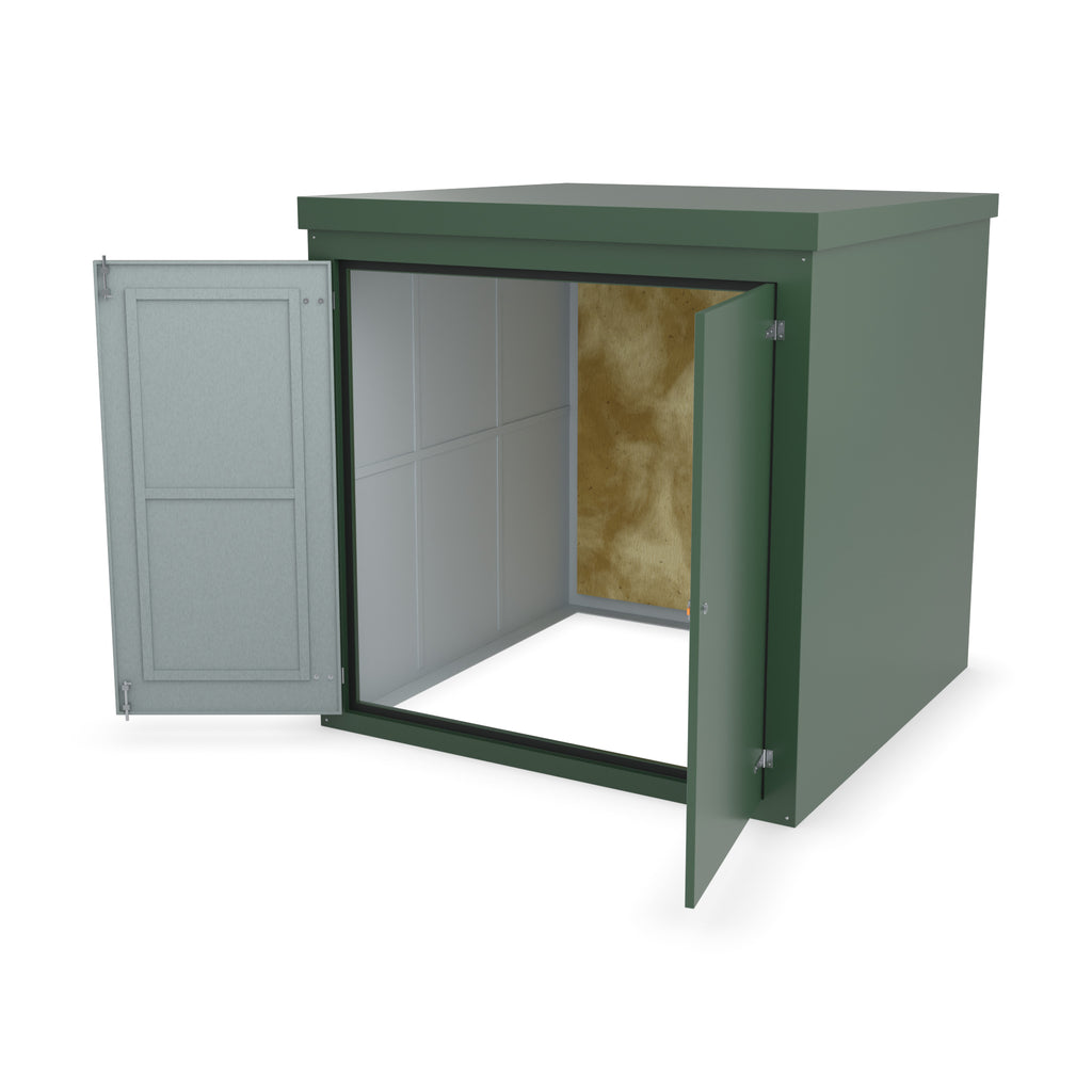 FW4A GRP walk-in enclosure in green, front three-quarter view with the doors open showing the plywood backboard