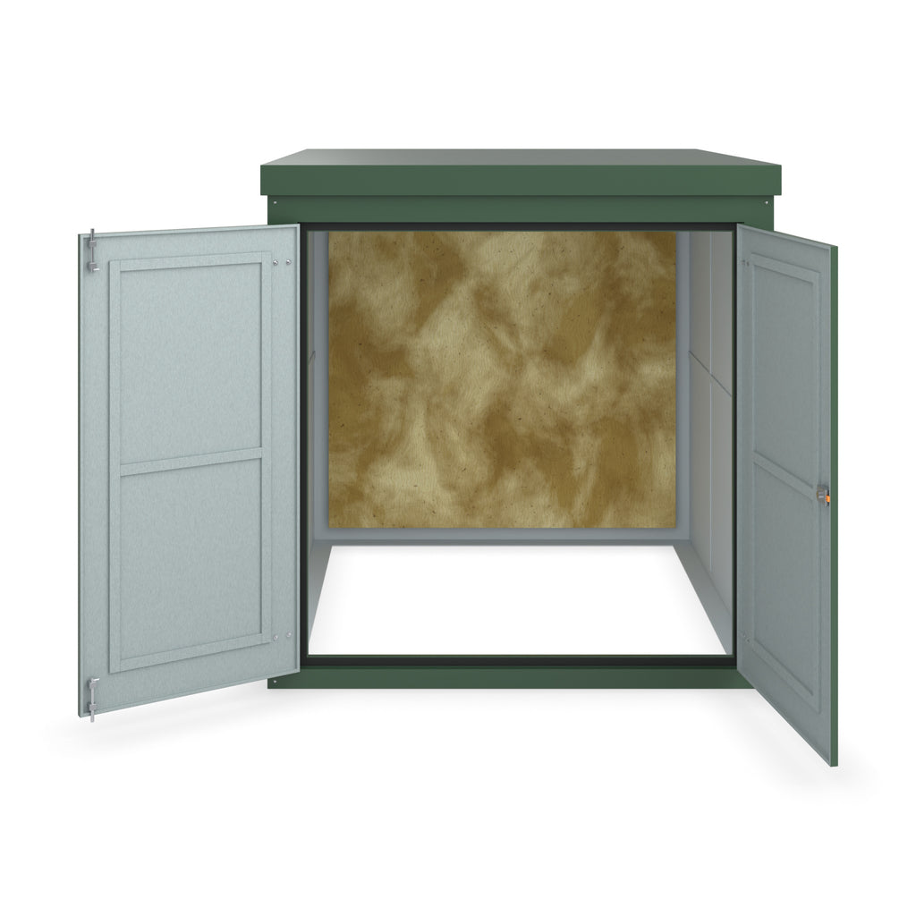 FW4A GRP walk-in enclosure in green, straight-on front view with the doors open showing the plywood backboard