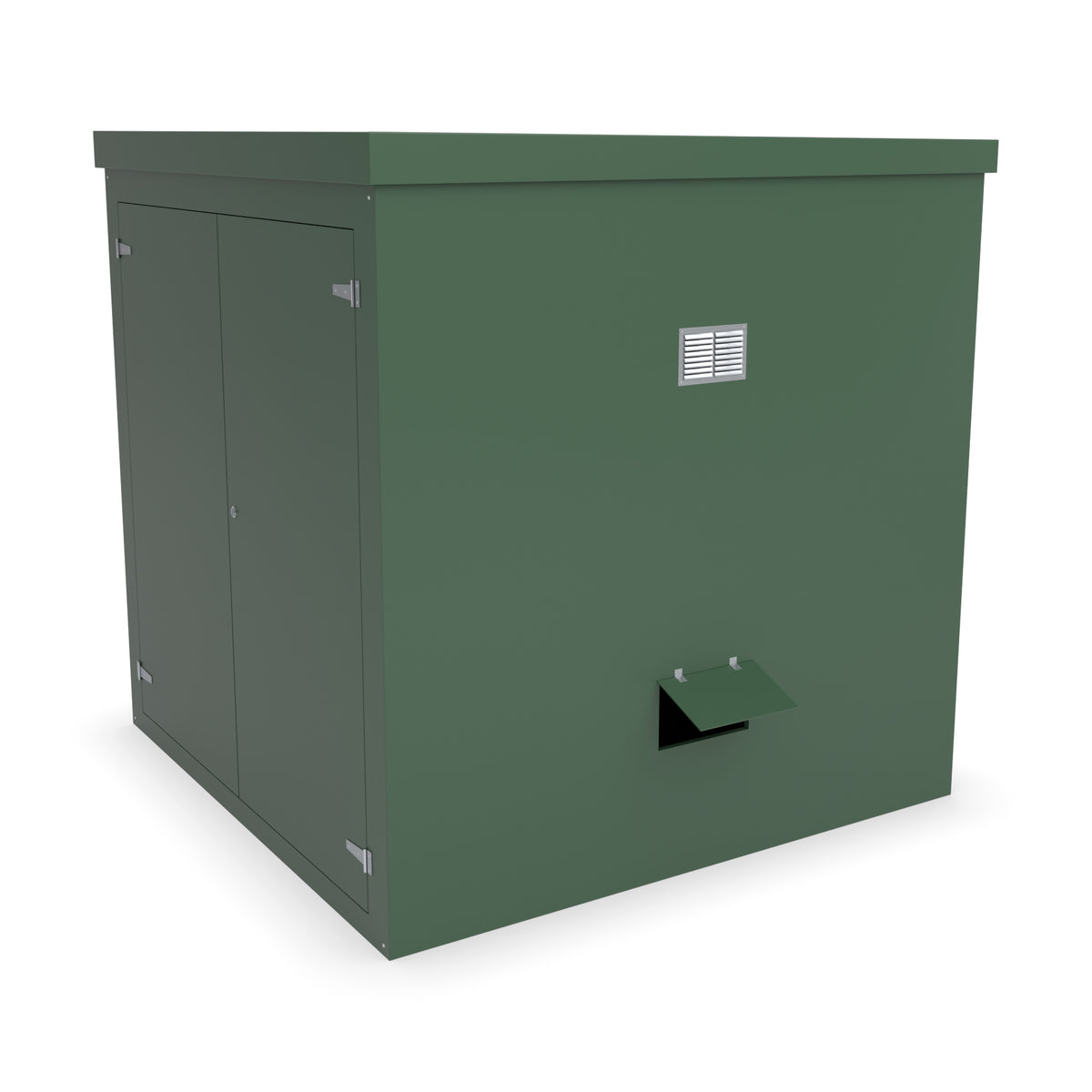 FW4A GRP walk-in enclosure in green with optional louvre vent and hinged cable-entry flap on the right-hand side