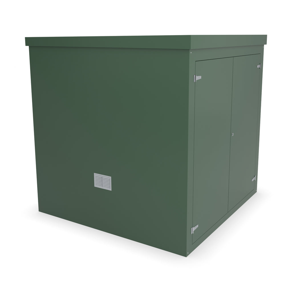 FW4A GRP walk-in enclosure in green with an optional louvre vent low on the left-hand side