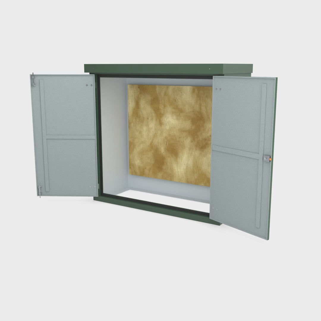 FD4 double door GRP cabinet in green turning a full 360 degrees with the doors open