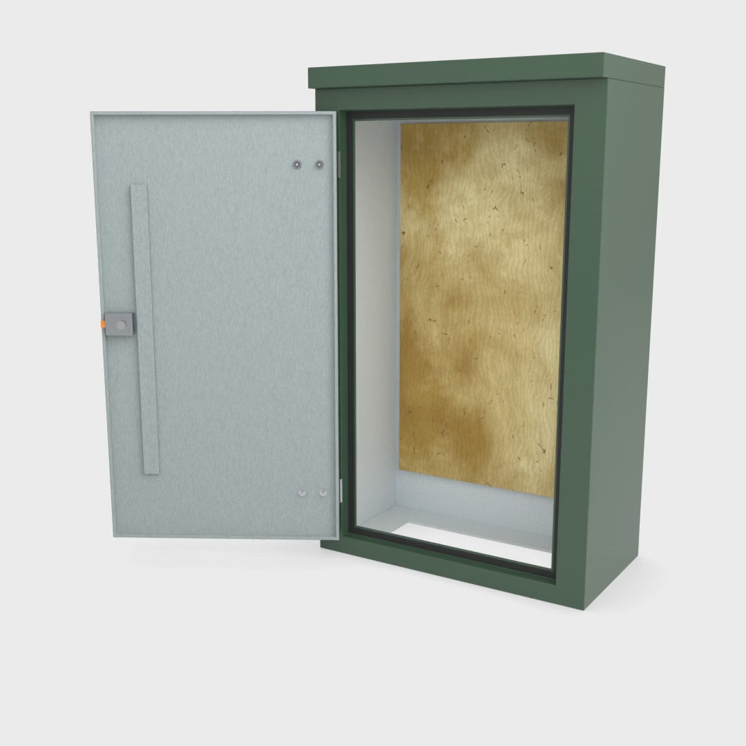 FS5 single door GRP cabinet in green turning a full 360 degrees with the door open