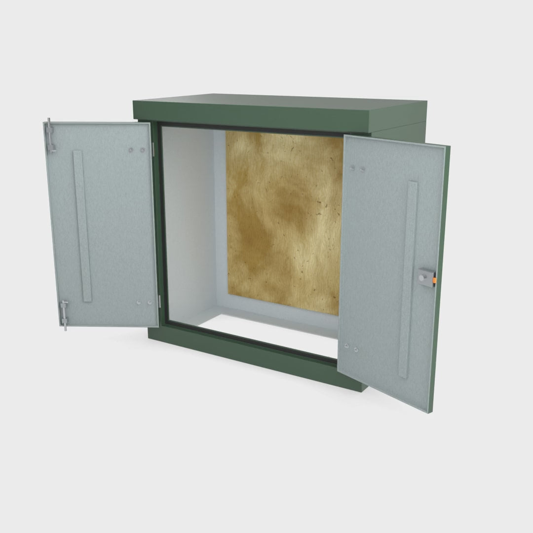 FD2 double door GRP cabinet in green turning a full 360 degrees with the doors open