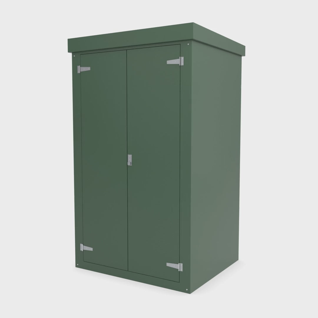 FD7 double door GRP cabinet in green turning a full 360 degrees with the doors open