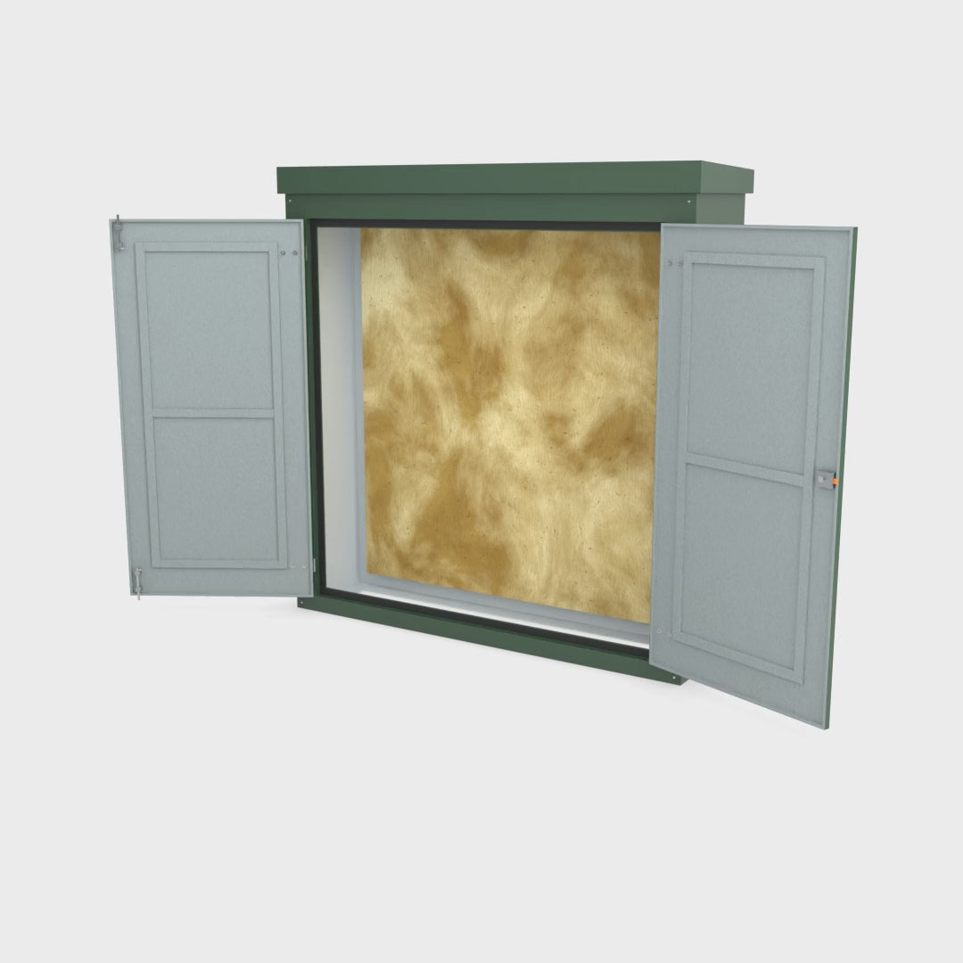 FW1 GRP walk-in enclosure in green turning a full 360 degrees with the doors open