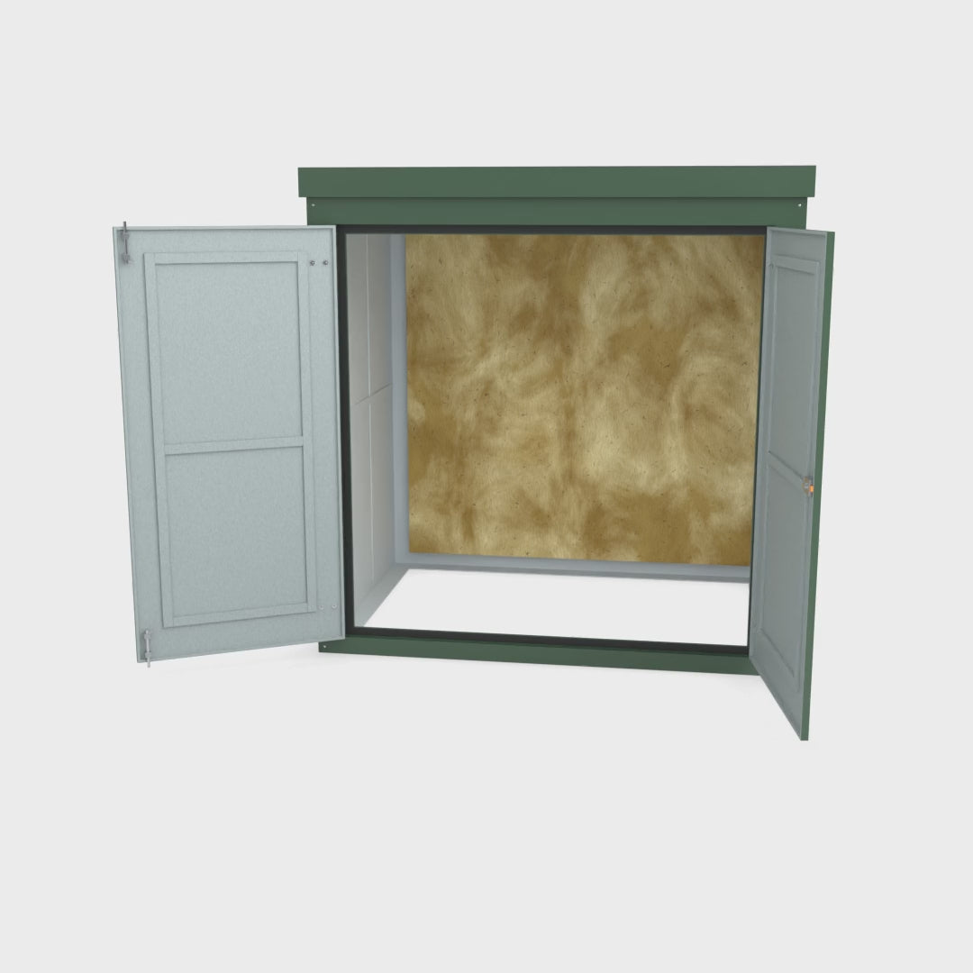 FW3 GRP walk-in enclosure in green turning a full 360 degrees with the doors open
