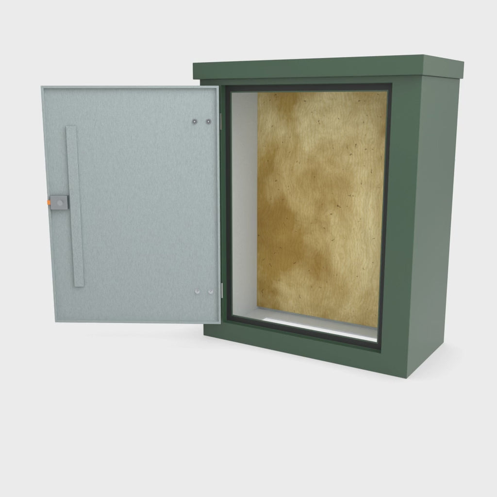 FS3 single door GRP cabinet in green turning a full 360 degrees with the door open