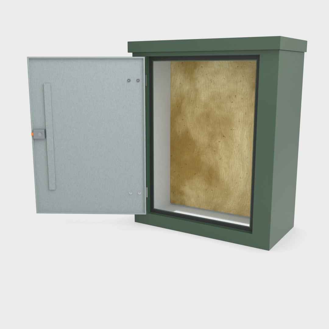 FS3 single door GRP cabinet in green turning a full 360 degrees with the door open