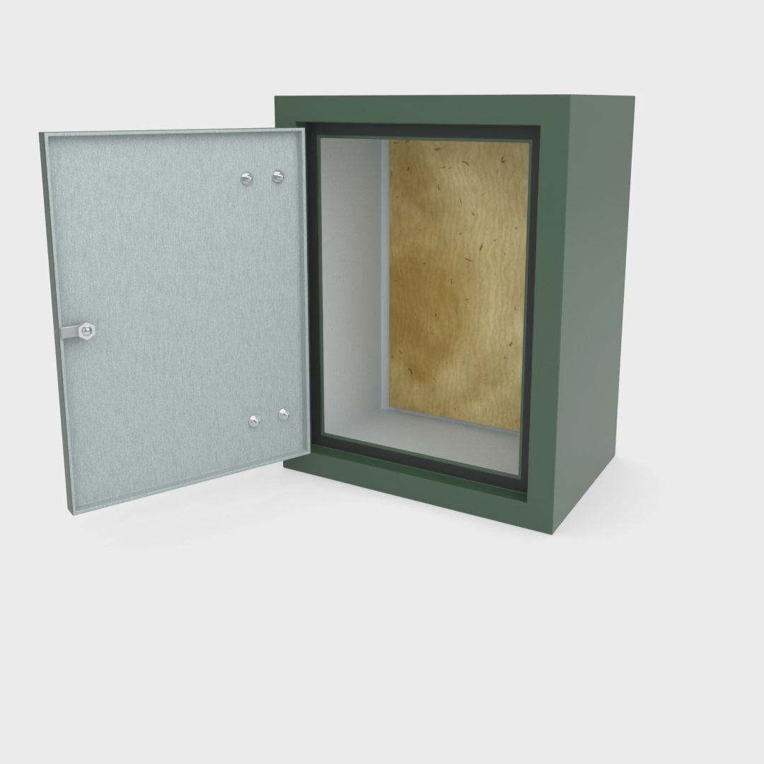 FS1 single door GRP cabinet in green turning a full 360 degrees with the door open