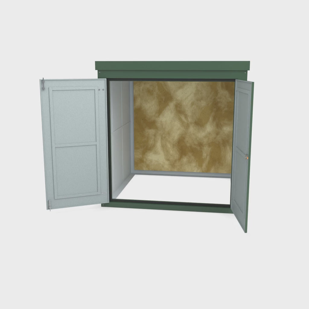 FW4A GRP walk-in enclosure in green turning a full 360 degrees with the doors open