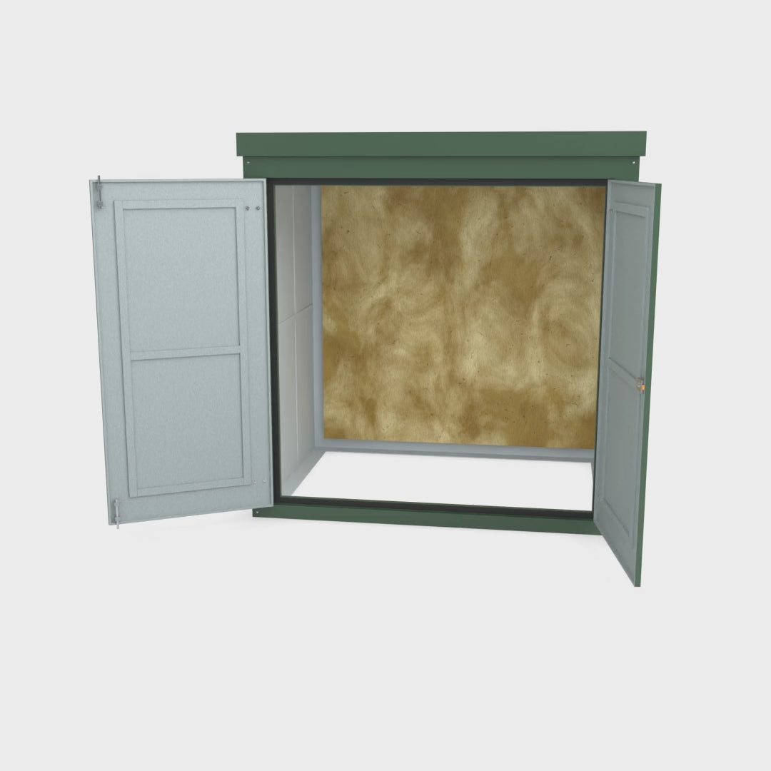 FW3A GRP walk-in enclosure in green turning a full 360 degrees with the doors open