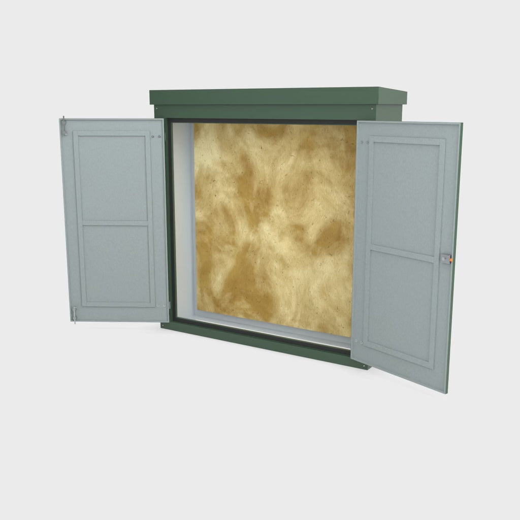 FW1A GRP walk-in enclosure in green turning a full 360 degrees with the doors open