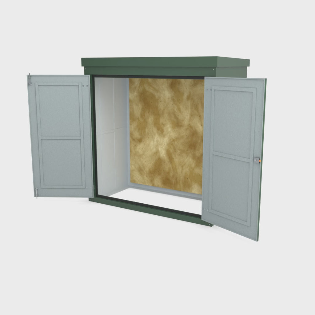 FW2 GRP walk-in enclosure in green turning a full 360 degrees with the doors open