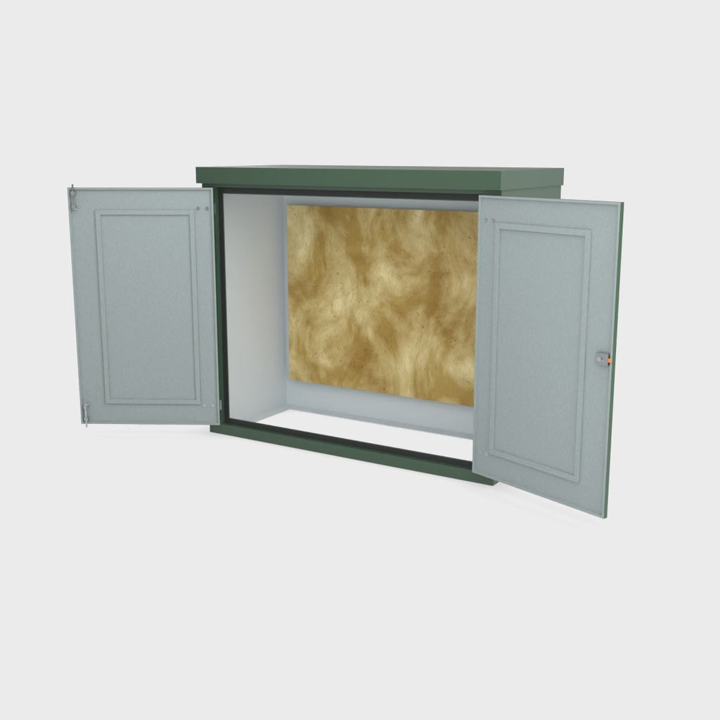 FD5 double door GRP cabinet in green turning a full 360 degrees with the doors open