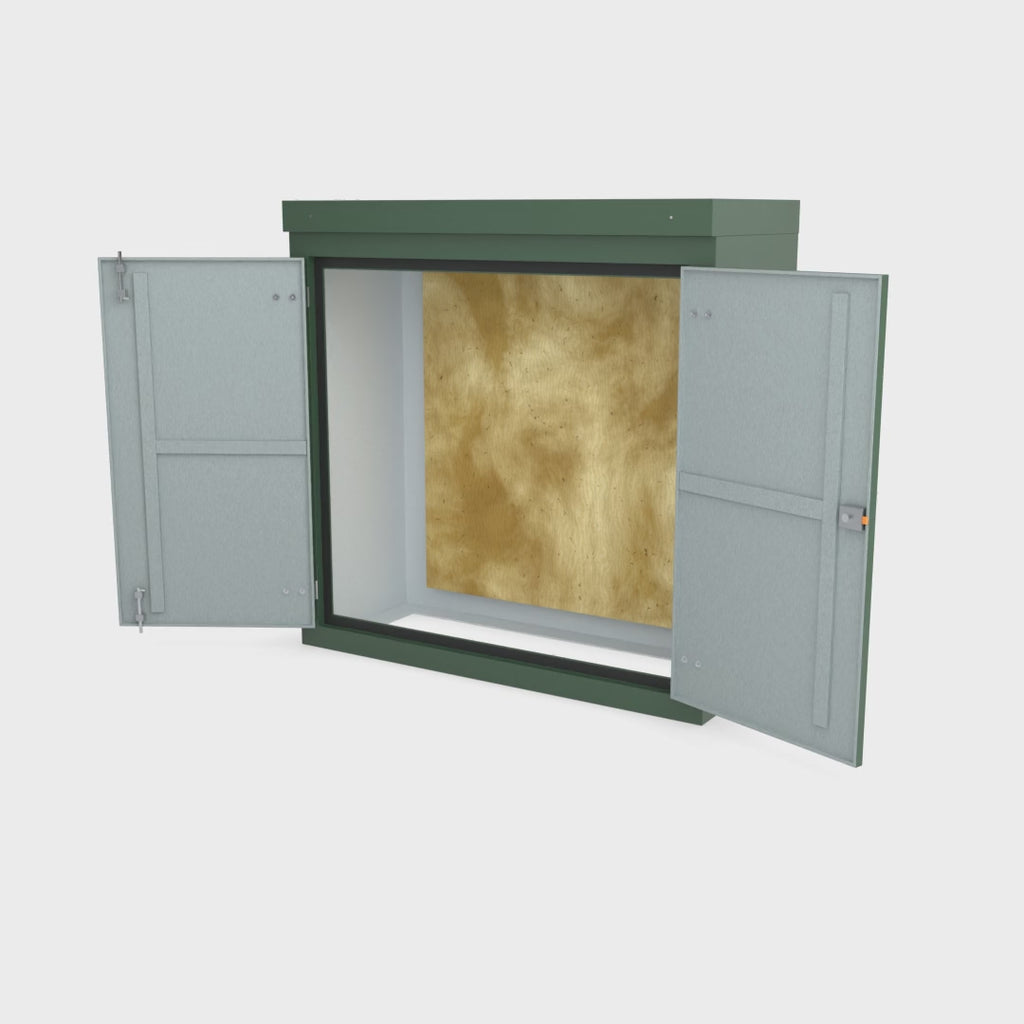 FD3 double door GRP cabinet in green turning a full 360 degrees with the doors open