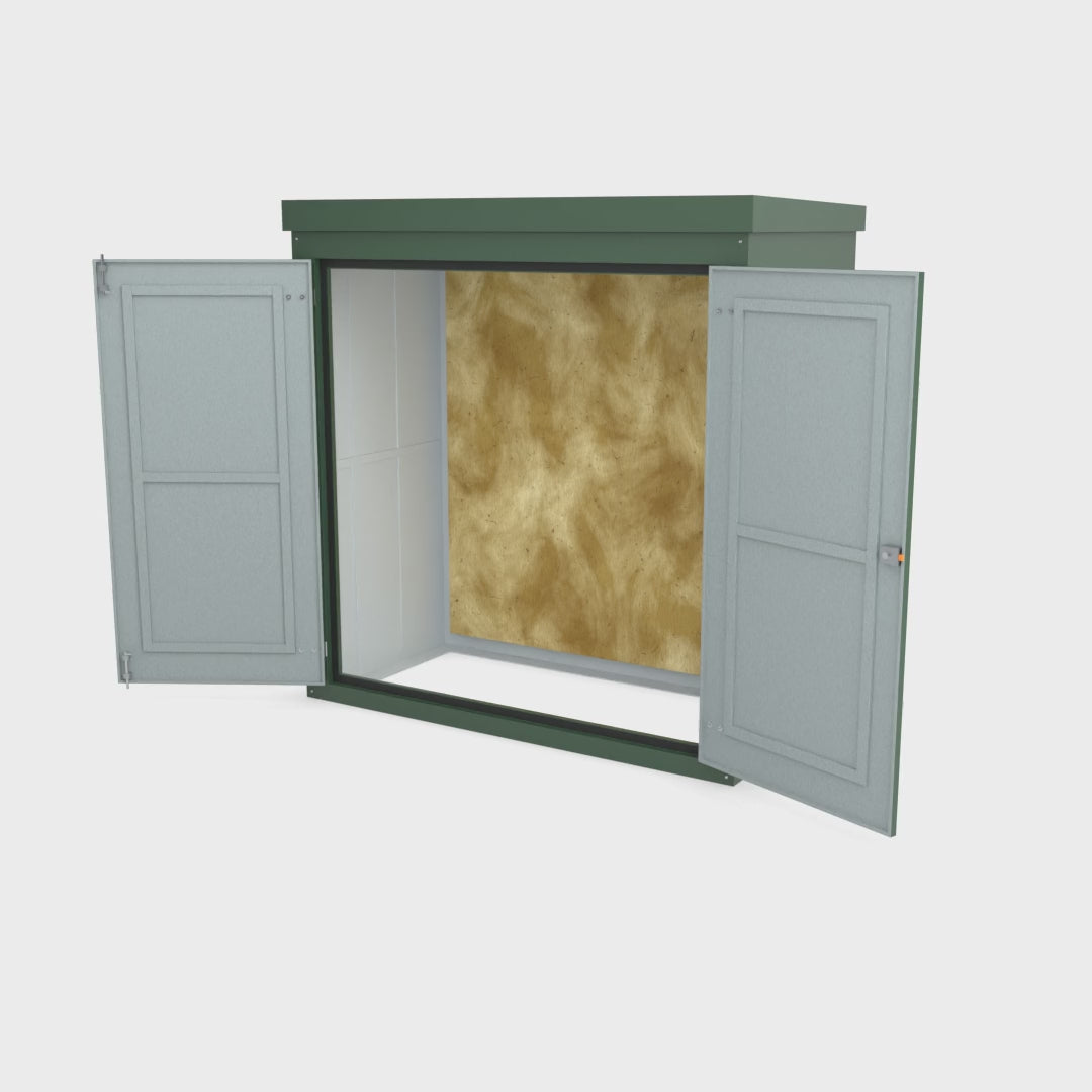 FW2A GRP walk-in enclosure in green turning a full 360 degrees with the doors open