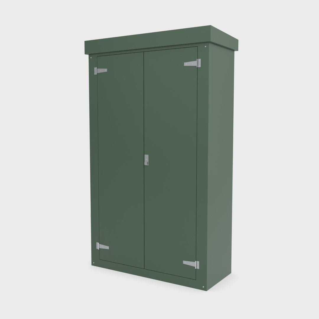 FD6 double door GRP cabinet in green turning a full 360 degrees with the doors open