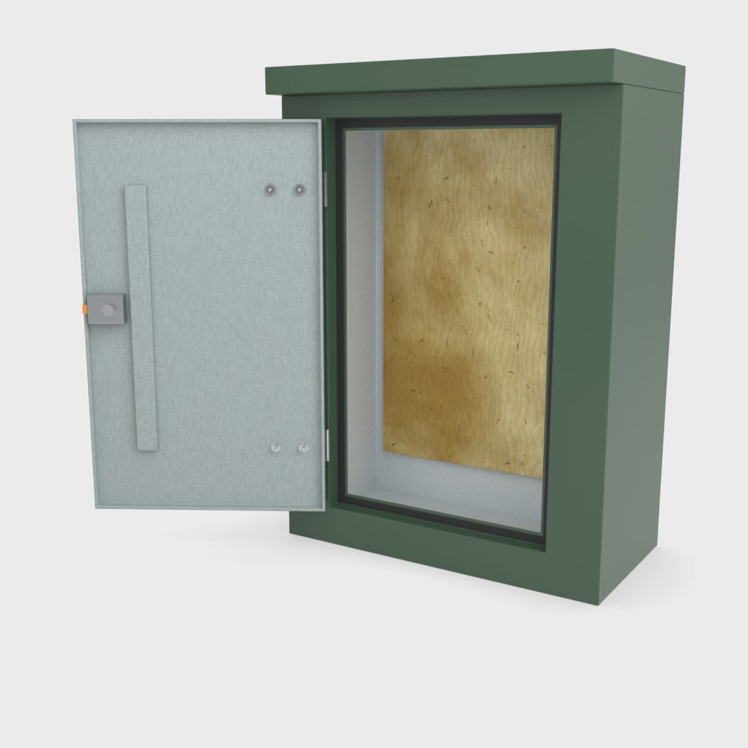 FS2 single door GRP cabinet in green turning a full 360 degrees with the door open